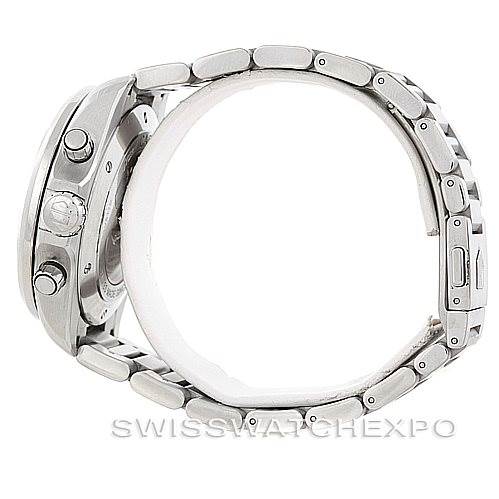 Side view of a silver Tag Heuer Carrera CAV511B Men
s Stainless Steel Silver Dial CAV511B Men
s Stainless Steel Silver Dial watch, showing the crown, pushers, and partial bracelet.