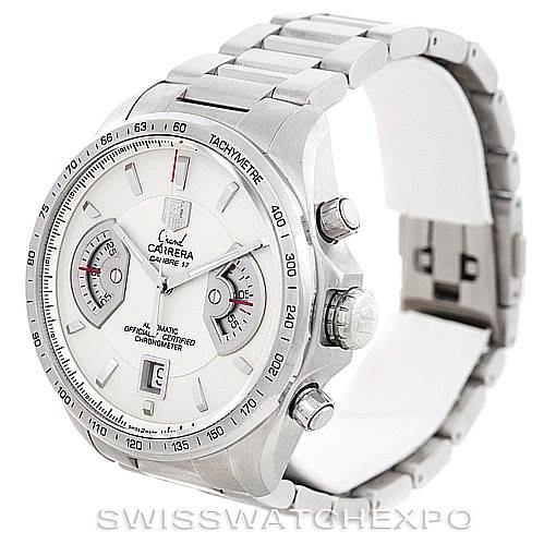 The image shows a Tag Heuer Carrera CAV511B Men
s Stainless Steel Silver Dial CAV511B Men
s Stainless Steel Silver Dial watch from a front-right angle, highlighting the dial, bracelet, and side pushers.