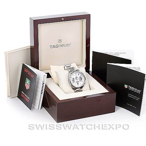 The Tag Heuer Carrera CAV511B Men
s Stainless Steel Silver Dial CAV511B Men
s Stainless Steel Silver Dial watch is shown in its box with accompanying booklets and documents, viewed from a front angle.