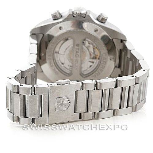 The image shows the back of a Tag Heuer Carrera CAV511B Men
s Stainless Steel Silver Dial CAV511B Men
s Stainless Steel Silver Dial watch, highlighting its stainless steel bracelet and open case back.
