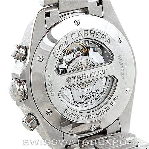 This image shows the back case of a Tag Heuer Carrera CAV511B Men
s Stainless Steel Silver Dial CAV511B Men
s Stainless Steel Silver Dial watch, revealing the internal mechanism and inscribed brand markings.