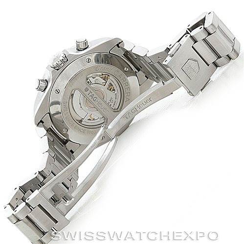 This image shows the back case and clasp of a Tag Heuer Carrera CAV511B Men
s Stainless Steel Silver Dial CAV511B Men
s Stainless Steel Silver Dial watch, highlighting the movement and bracelet details.