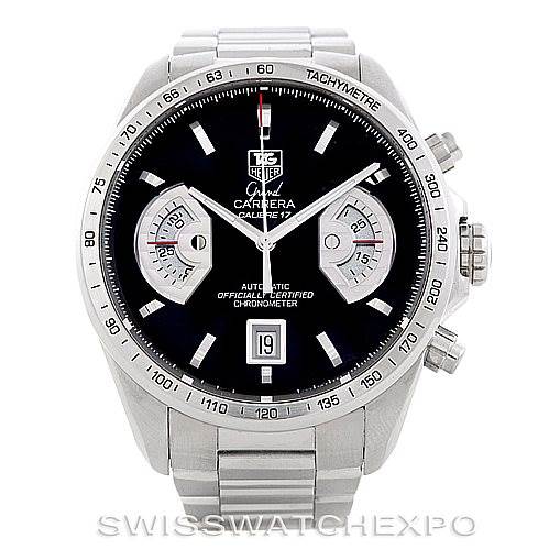 This image shows a frontal view of the Tag Heuer Carrera CAV511A Men
s Stainless Steel Black Dial CAV511A Men
s Stainless Steel Black Dial Calibre 17 watch, highlighting its dial, tachymeter bezel, and metal bracelet.