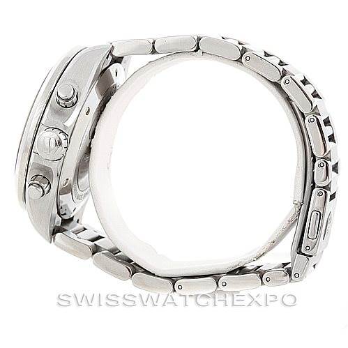 The image shows a side view of the Tag Heuer Carrera CAV511A Men
s Stainless Steel Black Dial CAV511A Men
s Stainless Steel Black Dial watch, highlighting its case, pushers, and bracelet.