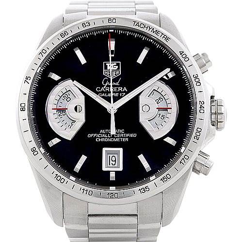 The image shows a front view of the Tag Heuer Carrera CAV511A Men
s Stainless Steel Black Dial CAV511A Men
s Stainless Steel Black Dial model watch, displaying its dial, chronograph subdials, and bracelet.