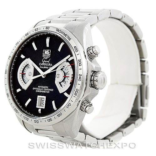 The image shows a side-front angle of a Tag Heuer Carrera CAV511A Men
s Stainless Steel Black Dial CAV511A Men
s Stainless Steel Black Dial watch, highlighting the dial, bezel, chronograph buttons, and bracelet.