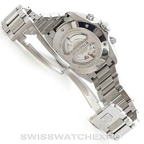 The image shows the back and stainless steel bracelet of a Tag Heuer Carrera CAV511A Men
s Stainless Steel Black Dial CAV511A Men
s Stainless Steel Black Dial watch with an open deployment clasp.