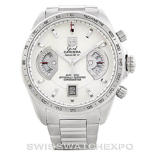 This image shows a front view of the Tag Heuer Carrera CAV511B Men
s Stainless Steel Silver Dial CAV511B Men
s Stainless Steel Silver Dial model watch, displaying its dial, chronometer subdials, and tachymeter bezel.