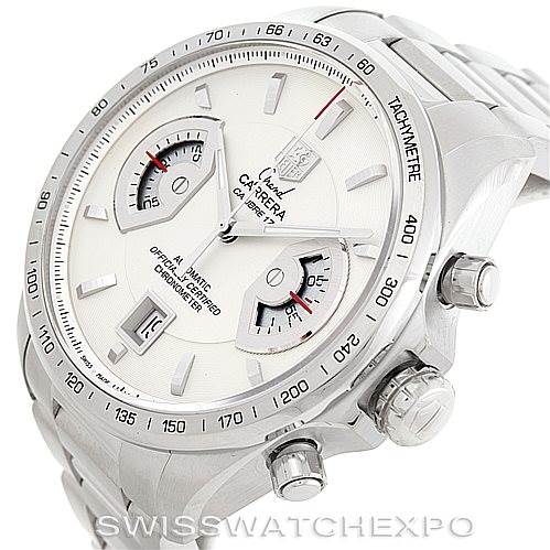 The Tag Heuer Carrera CAV511B Men
s Stainless Steel Silver Dial CAV511B Men
s Stainless Steel Silver Dial model watch is shown at a slight angle, displaying its chronograph dials, date window, and side pushers.