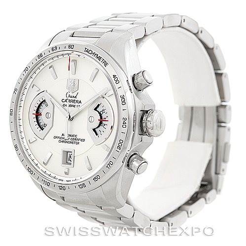 The image shows a side view of the Tag Heuer Carrera CAV511B Men
s Stainless Steel Silver Dial CAV511B Men
s Stainless Steel Silver Dial watch, highlighting its dial, bezel, stopwatch buttons, and metal bracelet.