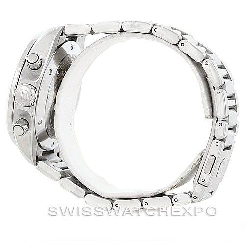 This image shows a side view of the Carrera by Tag Heuer, highlighting the case, crown, pushers, and metal bracelet.