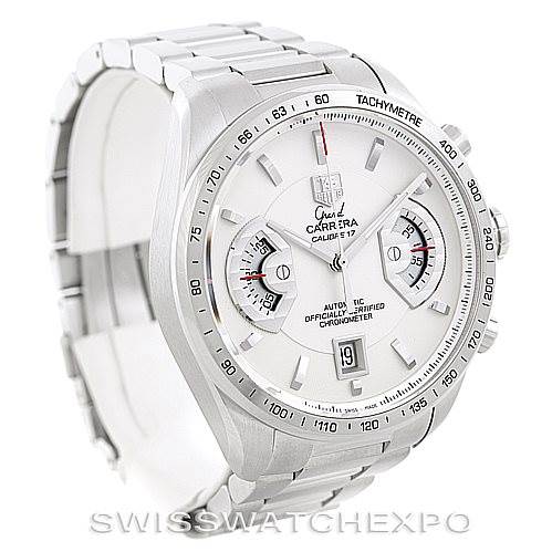 The image shows a Tag Heuer Carrera CAV511B Men
s Stainless Steel Silver Dial CAV511B Men
s Stainless Steel Silver Dial watch at a three-quarter front angle, displaying the face, bezel, and part of the bracelet.