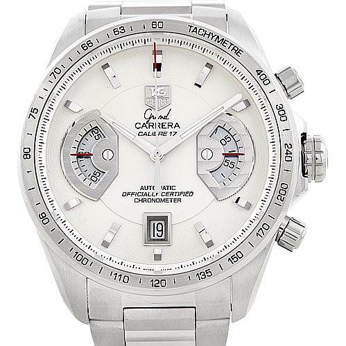 The image shows a front-facing view of a Tag Heuer Carrera CAV511B Men
s Stainless Steel Silver Dial CAV511B Men
s Stainless Steel Silver Dial watch, highlighting its bezel, tachymeter, chronograph subdials, and date window.