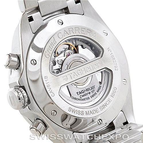 The image shows the back case of the Tag Heuer Carrera CAV511B Men
s Stainless Steel Silver Dial CAV511B Men
s Stainless Steel Silver Dial watch, highlighting the movement and inscriptions.