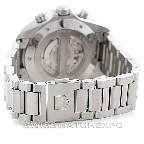 The image shows the back and clasp of the Tag Heuer Carrera CAV511B Men
s Stainless Steel Silver Dial CAV511B Men
s Stainless Steel Silver Dial watch, highlighting its metal bracelet and case back.