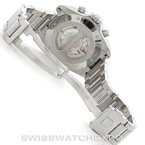 This image shows the back view of the Tag Heuer Carrera CAV511B Men
s Stainless Steel Silver Dial CAV511B Men
s Stainless Steel Silver Dial watch, highlighting the clasp and transparent case back.