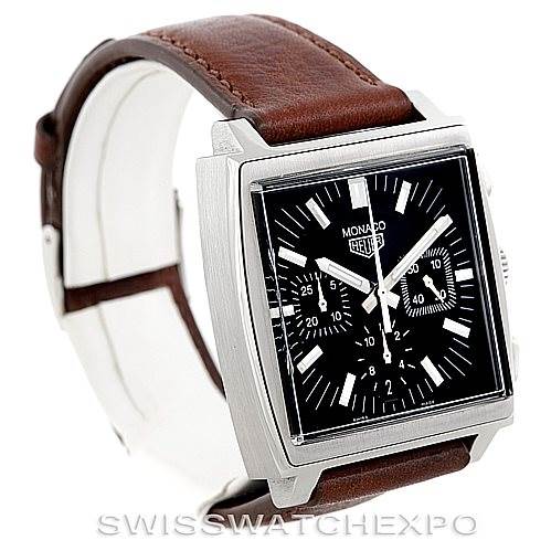 The image shows a Tag Heuer Monaco CS2111 Men's Stainless Steel Black Dial CS2111 Men's Stainless Steel Black Dial watch at an angled side view, highlighting its square face, brown leather strap, and crown.