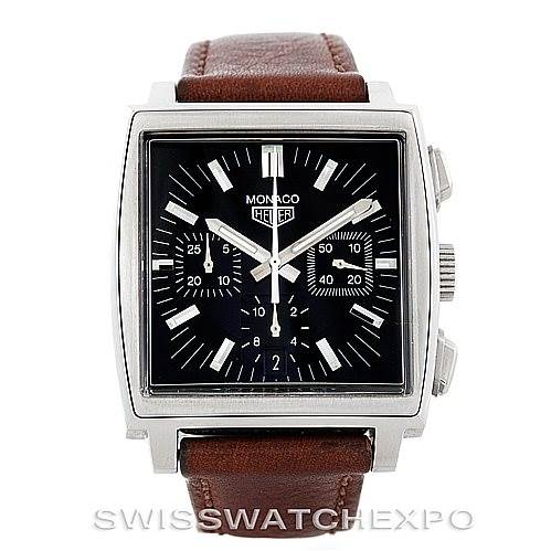 The image shows a front view of a Tag Heuer Monaco CS2111 Men's Stainless Steel Black Dial CS2111 Men's Stainless Steel Black Dial watch with a brown leather strap.