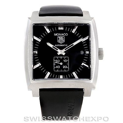 This is a frontal view of the Tag Heuer Monaco WW2110 Men
s Stainless Steel Black Dial WW2110 Men
s Stainless Steel Black Dial watch, showing the dial, hands, date window, and strap.