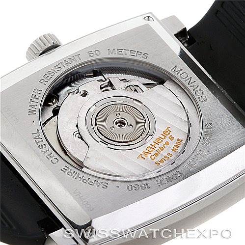 The image shows the back of a Tag Heuer Monaco WW2110 Men
s Stainless Steel Black Dial WW2110 Men
s Stainless Steel Black Dial watch, highlighting the movement and rotor through a transparent case back.