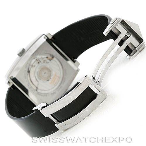 The image shows the back and clasp of the Tag Heuer Monaco WW2110 Men
s Stainless Steel Black Dial WW2110 Men
s Stainless Steel Black Dial watch, highlighting its square case and deployment clasp.