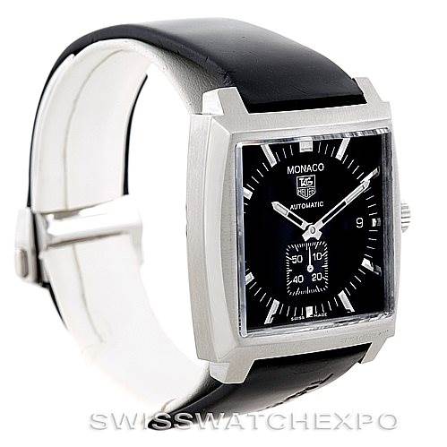 The image shows a front angle of a Tag Heuer Monaco WW2110 Men
s Stainless Steel Black Dial WW2110 Men
s Stainless Steel Black Dial watch, highlighting its square face and black leather strap.