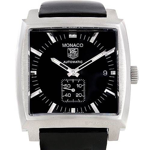 This is a front view of the Tag Heuer Monaco WW2110 Men
s Stainless Steel Black Dial WW2110 Men
s Stainless Steel Black Dial watch, displaying its black dial, silver case, and black leather strap.