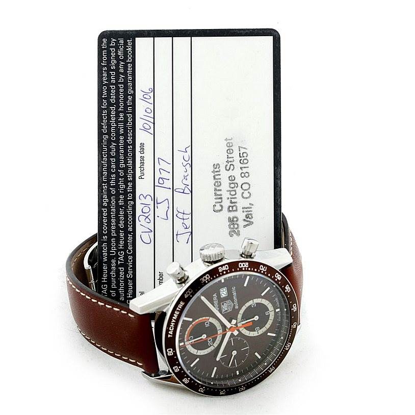 The image shows a Tag Heuer Carrera CV2013 Men's Stainless Steel Brown Dial CV2013 Men's Stainless Steel Brown Dial watch from a front angle, featuring its face, tachymeter bezel, crown, pushers, and brown leather strap.