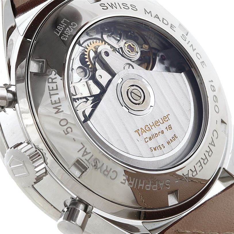 The image shows the back view of a Tag Heuer Carrera CV2013 Men's Stainless Steel Brown Dial CV2013 Men's Stainless Steel Brown Dial watch, revealing its exposed movement and engravings on the case.