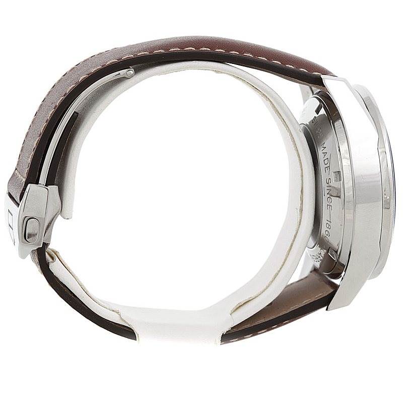 The image shows a side view of a Tag Heuer Carrera CV2013 Men's Stainless Steel Brown Dial CV2013 Men's Stainless Steel Brown Dial watch, highlighting its case back and leather strap.