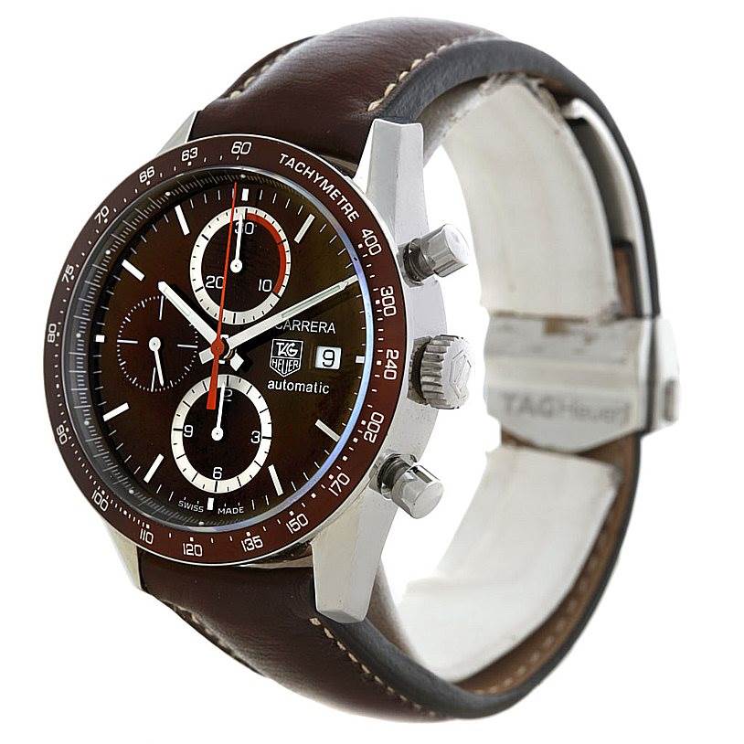The image shows a Tag Heuer Carrera CV2013 Men's Stainless Steel Brown Dial CV2013 Men's Stainless Steel Brown Dial watch at a three-quarter angle, highlighting the dial, tachymeter bezel, and leather strap.