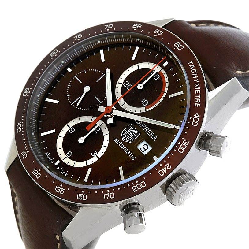 The image shows a Tag Heuer Carrera CV2013 Men's Stainless Steel Brown Dial CV2013 Men's Stainless Steel Brown Dial watch at an oblique angle, highlighting its face, tachymeter bezel, and crown.