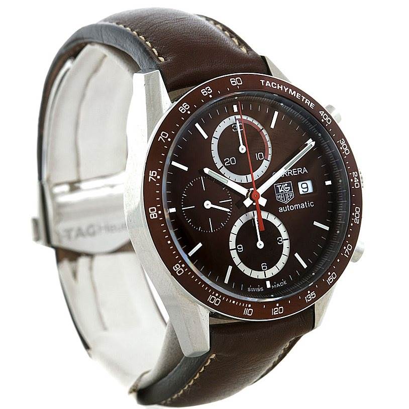 The image shows a Tag Heuer Carrera CV2013 Men's Stainless Steel Brown Dial CV2013 Men's Stainless Steel Brown Dial watch from a slightly tilted front angle with a brown dial and leather strap.