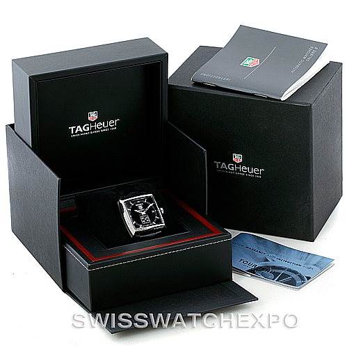 The image shows a Tag Heuer Monaco WW2110 Men's Stainless Steel Black Dial WW2110 Men's Stainless Steel Black Dial watch at an open box angle, accompanied by its packaging and manuals.