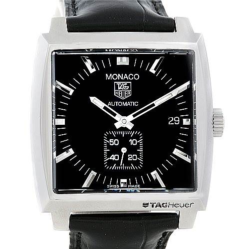The image shows a front view of the Tag Heuer Monaco WW2110 Men's Stainless Steel Black Dial WW2110 Men's Stainless Steel Black Dial watch, displaying the dial, hands, date window, and part of the leather strap.