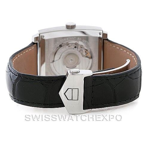 The image shows the back view of the Tag Heuer Monaco WW2110 Men's Stainless Steel Black Dial WW2110 Men's Stainless Steel Black Dial watch, featuring its clasp and part of the leather strap.