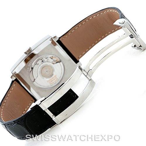 The image shows the back view of a Tag Heuer Monaco WW2110 Men's Stainless Steel Black Dial WW2110 Men's Stainless Steel Black Dial watch, highlighting the black leather strap and exposed automatic movement.