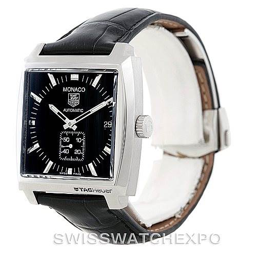 The image shows a Tag Heuer Monaco WW2110 Men's Stainless Steel Black Dial WW2110 Men's Stainless Steel Black Dial watch at a 3/4 angle, highlighting its square case, black dial, crown, and black leather strap.