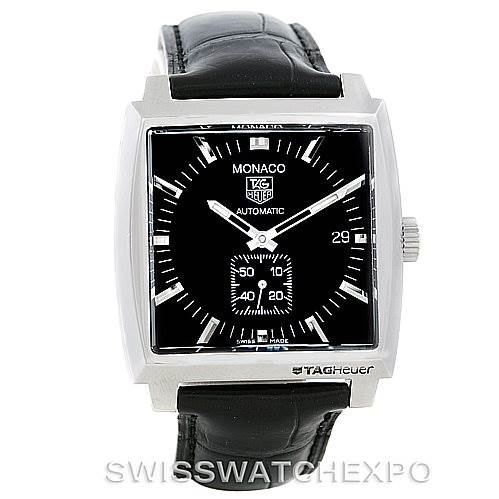 The image shows a front-facing view of a Tag Heuer Monaco WW2110 Men's Stainless Steel Black Dial WW2110 Men's Stainless Steel Black Dial watch with a black dial, leather strap, and a square case.