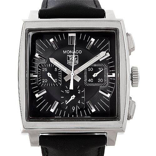 The image shows a front view of a Tag Heuer Monaco CW2111 Men
s Stainless Steel Black Dial CW2111 Men
s Stainless Steel Black Dial watch, highlighting its face, dial, and side crown.