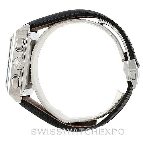 The image shows a side view of the Tag Heuer Monaco CW2111 Men
s Stainless Steel Black Dial CW2111 Men
s Stainless Steel Black Dial watch, highlighting the crown, pushers, and leather strap.