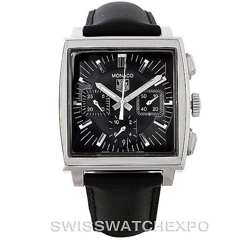 This is the front view of a Tag Heuer Monaco CW2111 Men
s Stainless Steel Black Dial CW2111 Men
s Stainless Steel Black Dial watch, showing its square dial, chronograph sub-dials, and black leather strap.