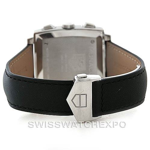 The image shows the back view of a Tag Heuer Monaco CW2111 Men
s Stainless Steel Black Dial CW2111 Men
s Stainless Steel Black Dial watch, focusing on the case back and the clasp of the black leather strap.