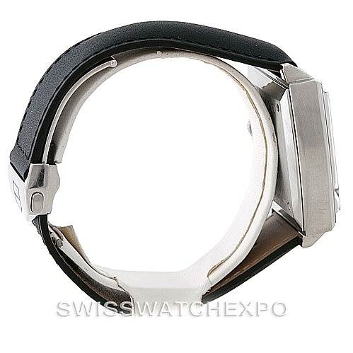 The image shows a side profile of a Tag Heuer Monaco CW2111 Men
s Stainless Steel Black Dial CW2111 Men
s Stainless Steel Black Dial watch, highlighting the strap, clasp, and case.