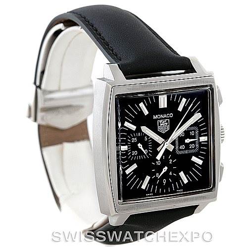 The image shows a Tag Heuer Monaco CW2111 Men
s Stainless Steel Black Dial CW2111 Men
s Stainless Steel Black Dial watch from an angled side view, displaying the face, bezel, and part of the strap.