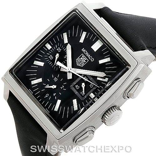This image shows a Tag Heuer Monaco CW2111 Men
s Stainless Steel Black Dial CW2111 Men
s Stainless Steel Black Dial watch at an angled view, highlighting its square case, dial, crown, and pushers on the side.