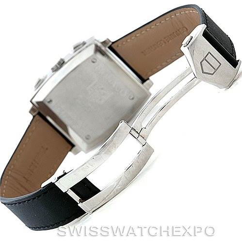The image shows the back and clasp of a Tag Heuer Monaco CW2111 Men
s Stainless Steel Black Dial CW2111 Men
s Stainless Steel Black Dial watch, highlighting the leather strap and deployment buckle.