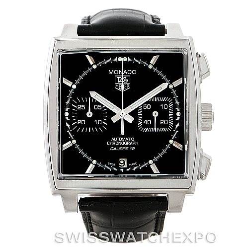 This image shows a front view of the Tag Heuer Monaco CAW2110 Men's Stainless Steel Black Dial CAW2110 Men's Stainless Steel Black Dial watch, highlighting its square dial, black face, chronograph features, and black leather strap.