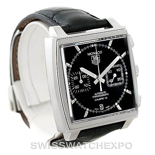 The image shows a front angle of a Tag Heuer Monaco CAW2110 Men's Stainless Steel Black Dial CAW2110 Men's Stainless Steel Black Dial watch, featuring a square black dial, leather strap, and chronograph features.