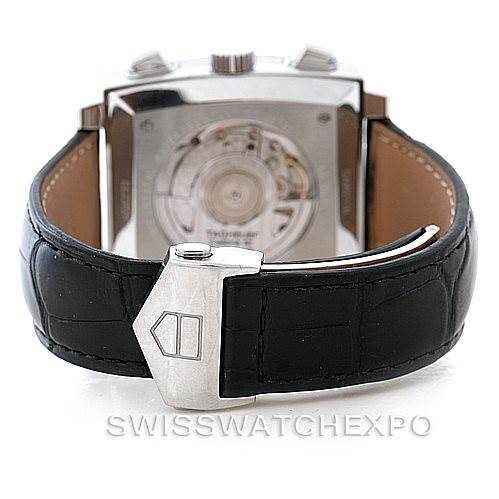 This image shows the back view of a Tag Heuer Monaco CAW2110 Men's Stainless Steel Black Dial CAW2110 Men's Stainless Steel Black Dial watch, featuring its movement and black leather strap with a clasp.